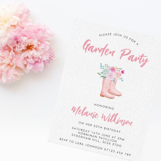 Pink Rain Boots & Flowers Garden Party Birthday Kaart