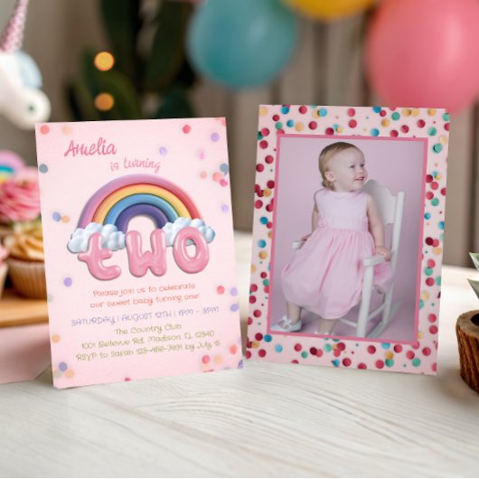 Pink Rainbow 2nd Birthday Invitation with Photo Kaart