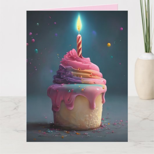 PINK RAINBOW CUPCAKE CANDLE BIG BIRTHDAY KAART (Voorkant)