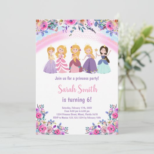 Pink Rainbow Floral Princess Birthday-uitnodiginge Kaart (Staand voorkant)