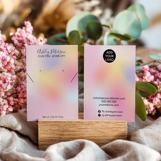 pink rainbow holographic necklace earrings display visitekaartje