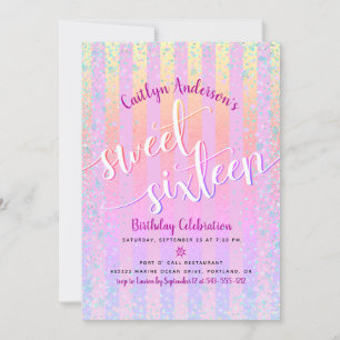 Pink Rainbow Ombre Sweet Sixteen Birthday Script Kaart