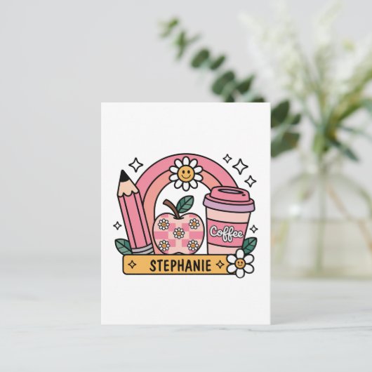 Pink Rainbow Teacher Essentials – gepersonaliseerd Briefkaart (Staand voorkant)