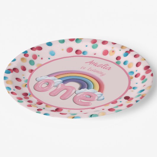 Pink Rainbow Turning One First Birthday Papieren Bordje (Gekanteld)