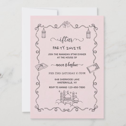 Pink Ramadan Bow doodle ramadan iftar invitations Kaart (Voorkant)