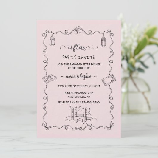 Pink Ramadan Bow doodle ramadan iftar invitations Kaart (Staand voorkant)