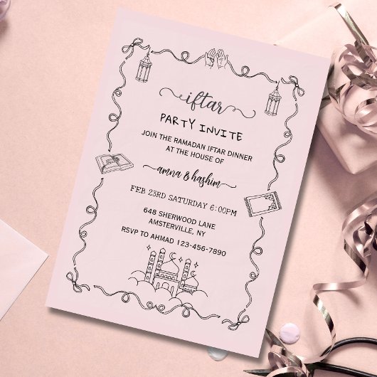 Pink Ramadan Bow doodle ramadan iftar invitations Kaart