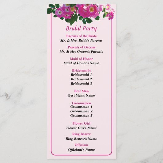 Pink Rambler Roos Wedding Programme Programmakaart (Achterkant)