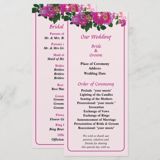 Pink Rambler Roos Wedding Programme Programmakaart (Voorkant / Achterkant)