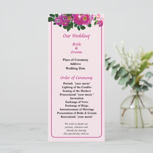 Pink Rambler Roos Wedding Programme Programmakaart (Staand voorkant)