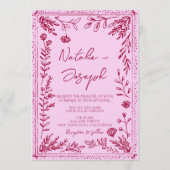 Pink Raspberry Drawn Floral All In One Wedding Kaart (Voorkant)