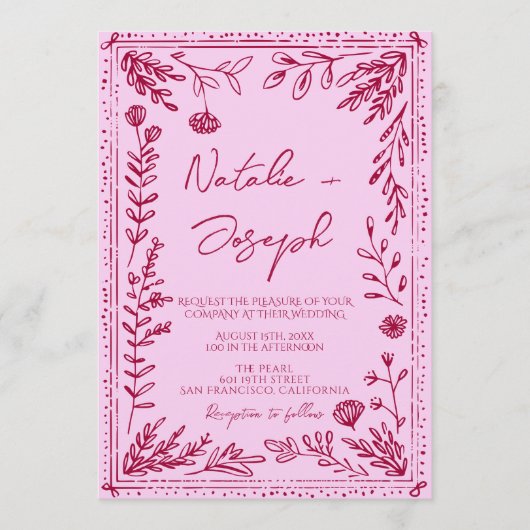 Pink Raspberry Drawn Floral All In One Wedding Kaart (Voorkant)