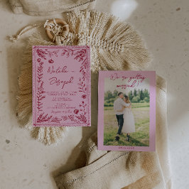 Pink Raspberry Drawn Floral Garden Photo Wedding Kaart