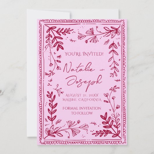 Pink Raspberry Drawn Floral Garden Save The Date (Achterkant)