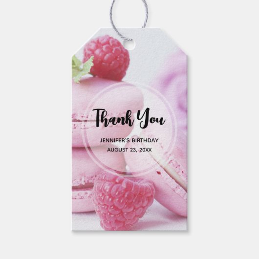 Pink Raspberry Macarons French Pastry Birthday Cadeaulabel (Voorkant)