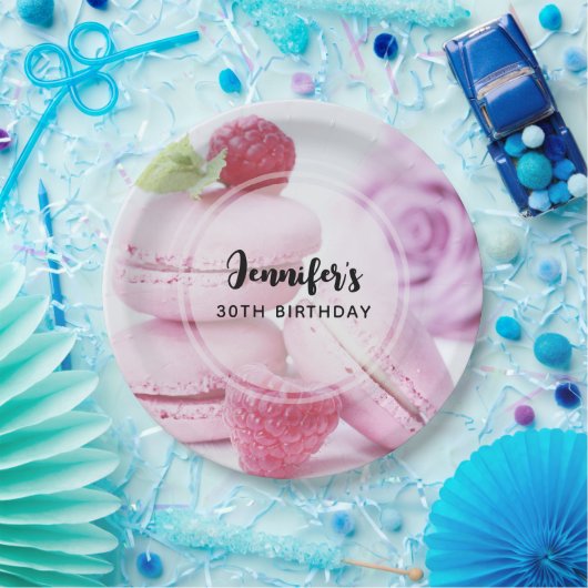 Pink Raspberry Macarons French Pastry Birthday Papieren Bordje (Feest)