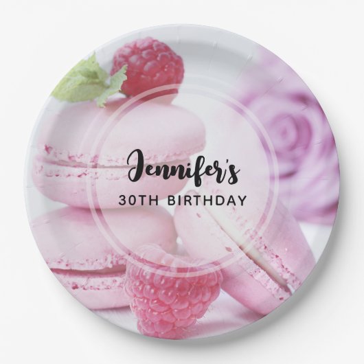 Pink Raspberry Macarons French Pastry Birthday Papieren Bordje (Voorkant)