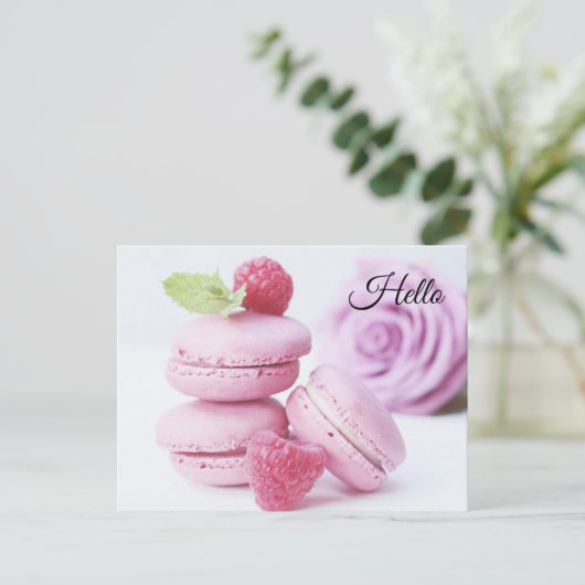Pink Raspberry Macarons French Pastry Foto Briefkaart (Staand voorkant)