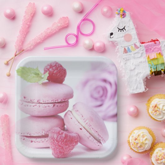 Pink Raspberry Macarons French Pastry Foto Papieren Bordje (Feest)