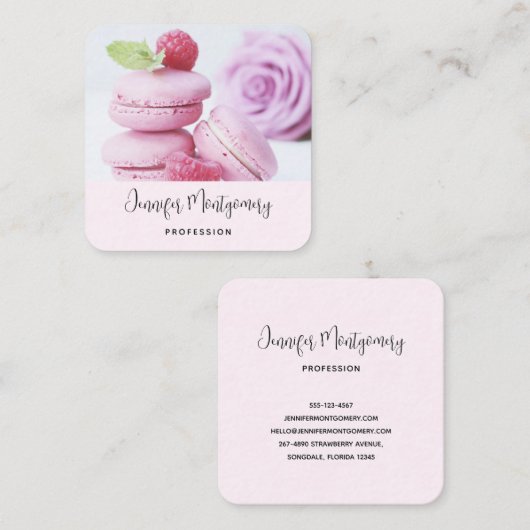 Pink Raspberry Macarons French Pastry Vierkante Visitekaartje (Voorkant / Achterkant)