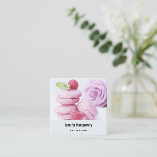 Pink Raspberry Macarons French Pastry Vierkante Visitekaartje (Staand voorkant)
