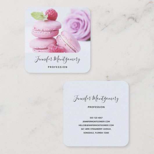 Pink Raspberry Macarons French Pastry Vierkante Visitekaartje (Voorkant / Achterkant)