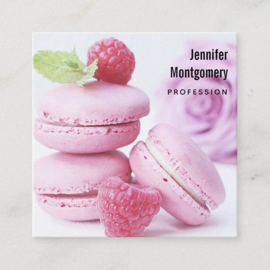 Pink Raspberry Macarons French Pastry Vierkante Visitekaartje (Voorkant)
