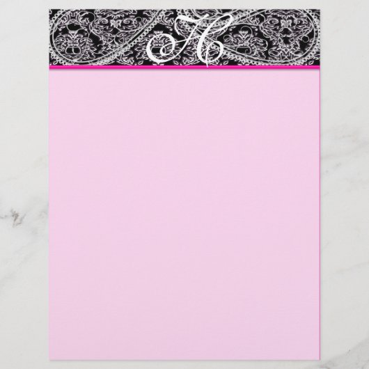 Pink Raspberry Monogram Letterhead Black Paisley (Voorkant)