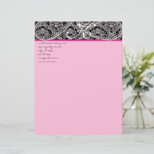 Pink Raspberry Monogram Letterhead Black Paisley Persoonlijk Briefhoofd (Staand voorkant)