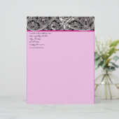 Pink Raspberry Monogram Letterhead Black Paisley Persoonlijk Briefhoofd (Staand voorkant)