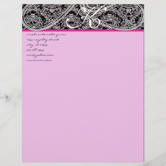 Pink Raspberry Monogram Letterhead Black Paisley Persoonlijk Briefhoofd (Voorkant)