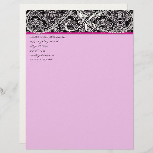 Pink Raspberry Monogram Letterhead Black Paisley Persoonlijk Briefhoofd (Voorkant / Achterkant)
