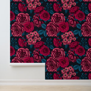 Pink, red and bi-color roses with blue leaves on b behang