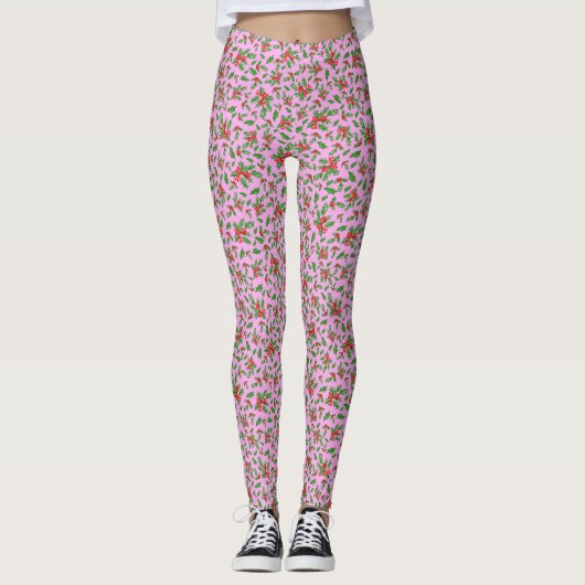 Pink, red, and green holly Christmas Patterned Leggings (Voorkant)