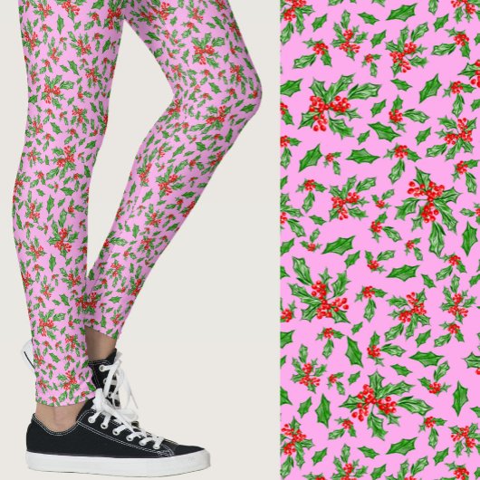 Pink, red, and green holly Christmas Patterned Leggings