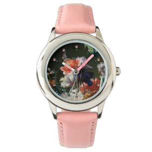 PINK RED ANEMONES WHITE FLOWERS, BUTTERFLES IN BLA HORLOGE