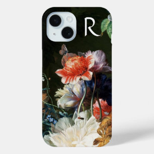 PINK RED ANEMONES WHITE FLOWERS, BUTTERFLY MONOGRA iPhone 15 CASE