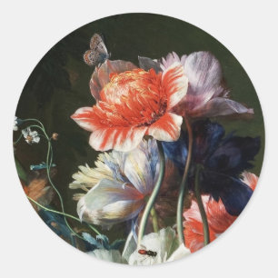 PINK RED ANEMONES WHITE FLOWERS, BUTTERFLY MONOGRA RONDE STICKER