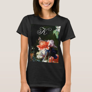 PINK RED ANEMONES WHITE FLOWERS, BUTTERFLY MONOGRA T-SHIRT
