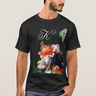 PINK RED ANEMONES WHITE FLOWERS, BUTTERFLY MONOGRA T-SHIRT