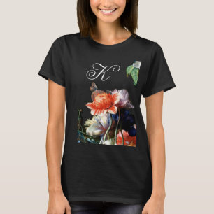 PINK RED ANEMONES WHITE FLOWERS, BUTTERFLY MONOGRA T-SHIRT