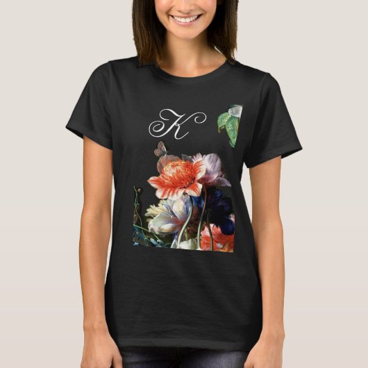 PINK RED ANEMONES WHITE FLOWERS, BUTTERFLY MONOGRA T-SHIRT (Voorkant)