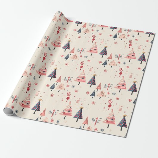 Pink, Red, Blue Tree Festive Holiday Art Cadeaupapier (Uitgerold)