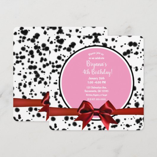 Pink Red Bow Black Dalmatian Spots Birthday Party Kaart (Voorkant / Achterkant)