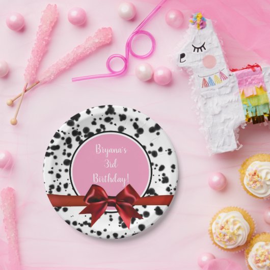 Pink Red Bow Black Dalmatian Spots Birthday Party Papieren Bordje (Feest)