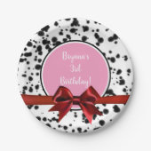 Pink Red Bow Black Dalmatian Spots Birthday Party Papieren Bordje (Voorkant)