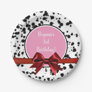 Pink Red Bow Black Dalmatian Spots Birthday Party Papieren Bordje
