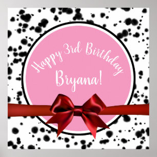 Pink Red Bow Black Dalmatian Spots Birthday Party Poster