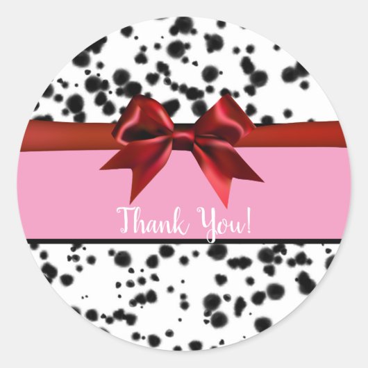 Pink Red Bow Black Dalmatian Spots Birthday Party Ronde Sticker (Voorkant)