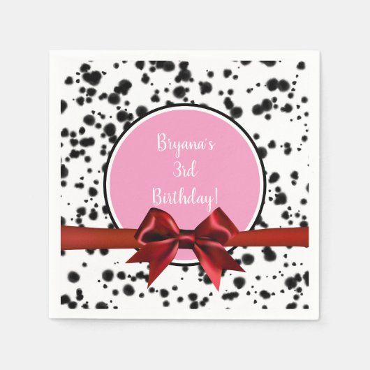Pink Red Bow Black Dalmatian Spots Birthday Party Servet (Voorkant)